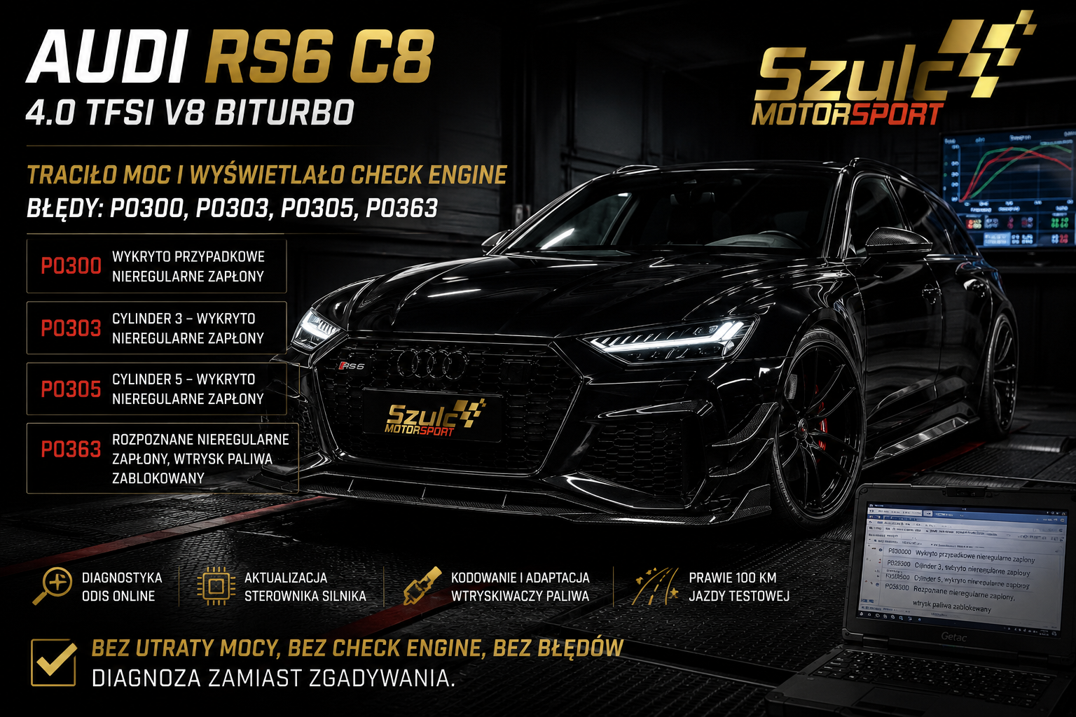 Audi RS6 C8 4.0 TFSI wypadanie zapłonów P0300 P0303 P0305 P0363 diagnostyka ODIS Online