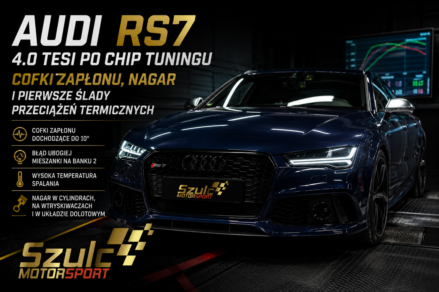 Audi RS7 4.0 TFSI після чіп-тюнінгу – діагностика відкатів запалювання, нагару та термічних перевантажень двигуна hot-V у Szulc Motorsport.